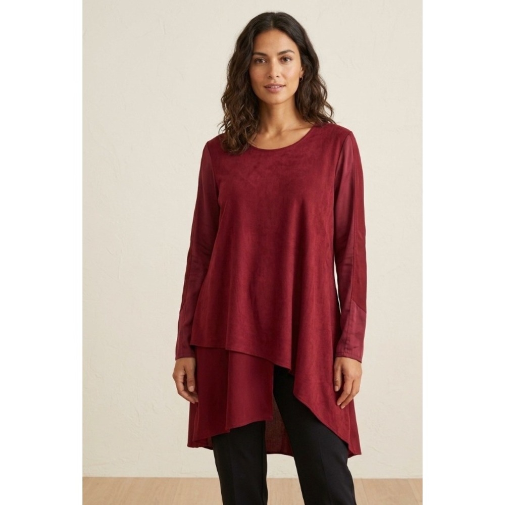 Stella Carakasi Red Asymmetrical Mixed Media Tunic Top Natural Lux Large - Picture 1 of 8